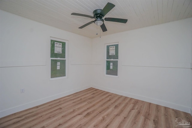 unfurnished room featuring wood ceiling, light wood-type flooring, and ceiling fan