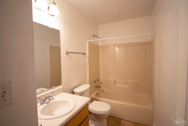 full bathroom with vanity, tile patterned floors, toilet, and  shower combination