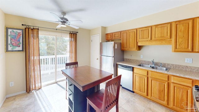 kitchen featuring appliances with stainless steel finishes, sink, and ceiling fan