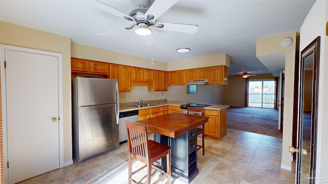 kitchen featuring light colored carpet, ceiling fan, stainless steel appliances, and sink