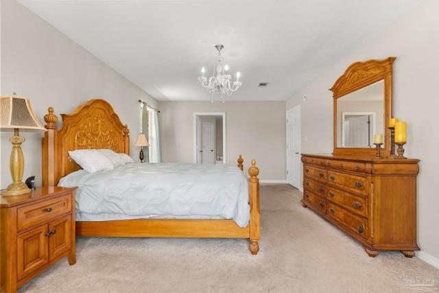 bedroom with a chandelier, light colored carpet, visible vents, and baseboards