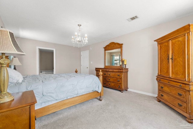 bedroom with visible vents, a notable chandelier, light carpet, and baseboards