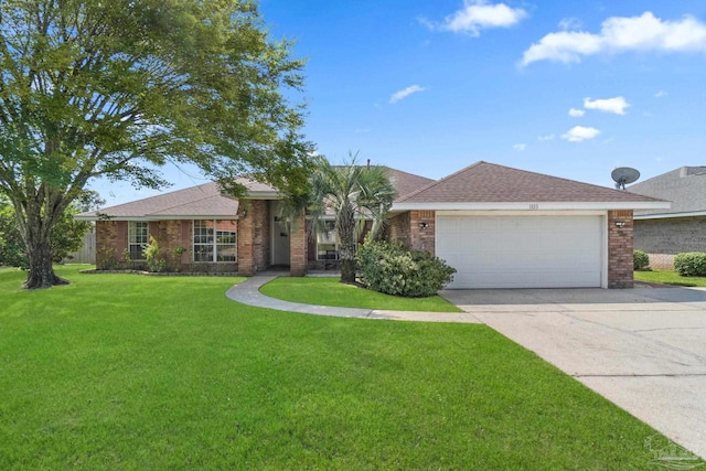 single story home featuring concrete driveway, roof with shingles, an attached garage, a front lawn, and brick siding