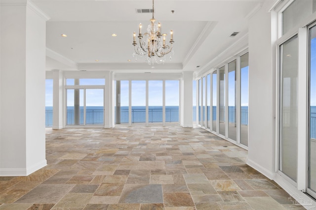 13555 Sandy Key Dr Ph, Ph, Perdido Key, FL 32507 - unfurnished sunroom with visible vents, a chandelier, and a water view