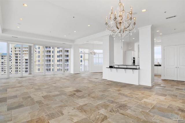 13555 Sandy Key Dr Ph, Ph, Perdido Key, FL 32507 - kitchen featuring stone finish flooring, dark countertops, a chandelier, visible vents, and recessed lighting