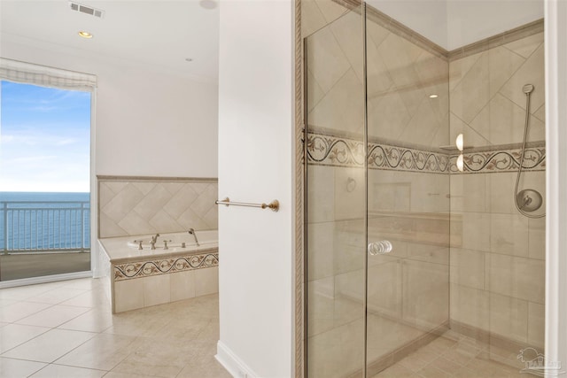 13555 Sandy Key Dr Ph, Ph, Perdido Key, FL 32507 - bathroom with visible vents, a water view, a bath, tile patterned flooring, and tiled shower