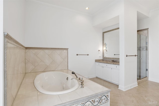 13555 Sandy Key Dr Ph, Ph, Perdido Key, FL 32507 - bathroom with a tub with jets, a shower stall, ornamental molding, vanity, and baseboards