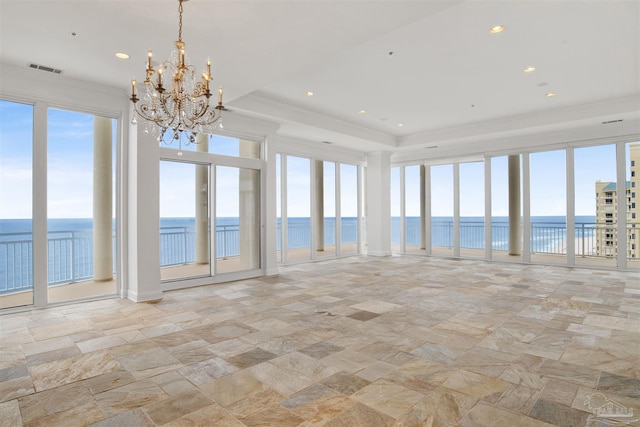 13555 Sandy Key Dr Ph, Ph, Perdido Key, FL 32507 - unfurnished sunroom with an inviting chandelier, a water view, visible vents, and a healthy amount of sunlight