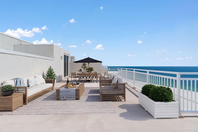 view of patio / terrace with a water view and an outdoor hangout area