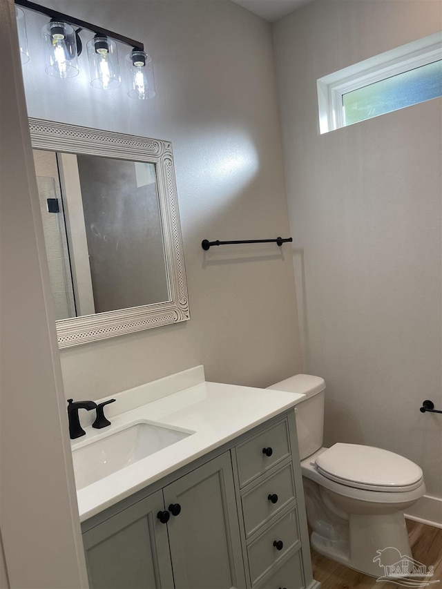 bathroom featuring vanity, wood-type flooring, and toilet