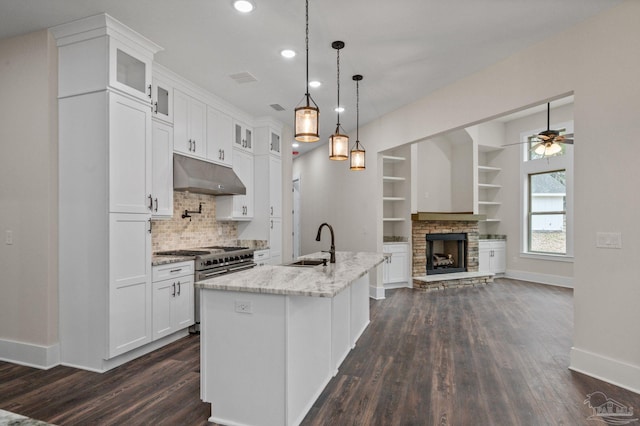 kitchen featuring white cabinetry, open floor plan, under cabinet range hood, and a sink