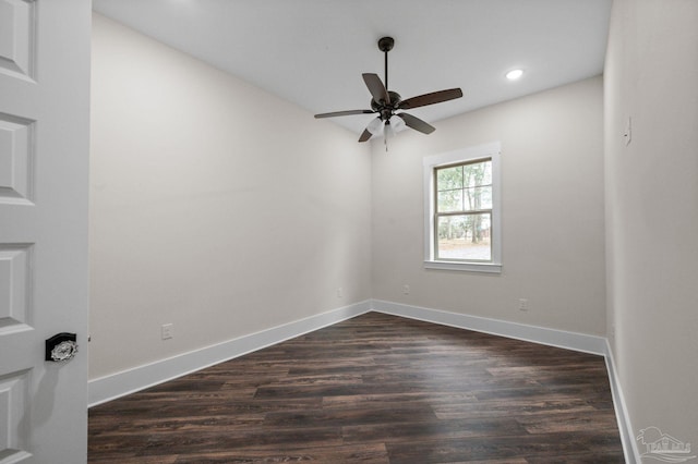 unfurnished room featuring dark wood finished floors, recessed lighting, baseboards, and ceiling fan