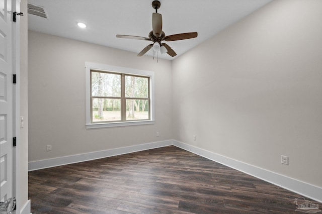 unfurnished room with a ceiling fan, baseboards, visible vents, recessed lighting, and dark wood-style flooring