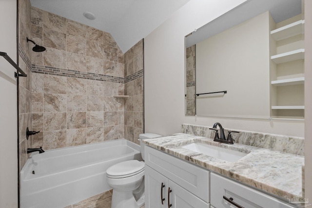 bathroom featuring vanity, lofted ceiling, tile patterned floors, toilet, and shower / bathtub combination