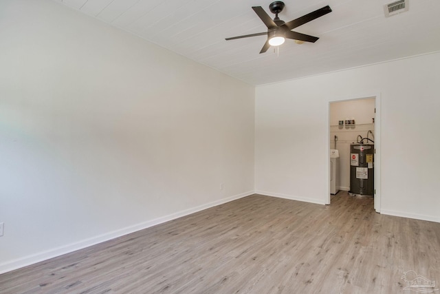 empty room with electric water heater, light hardwood / wood-style flooring, and ceiling fan