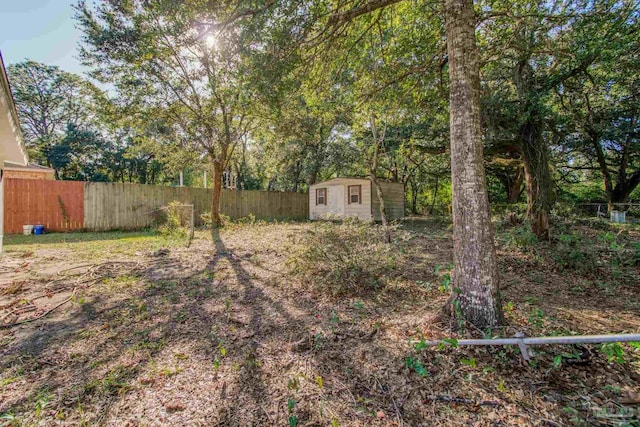 view of yard featuring a storage shed