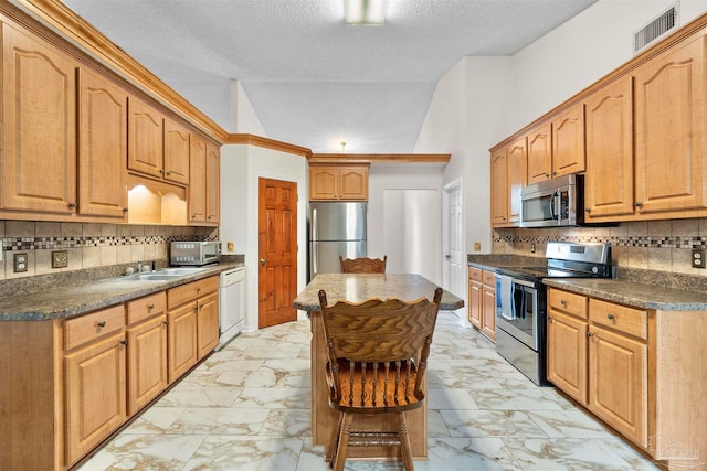 kitchen featuring sink, backsplash, a textured ceiling, stainless steel appliances, and high vaulted ceiling