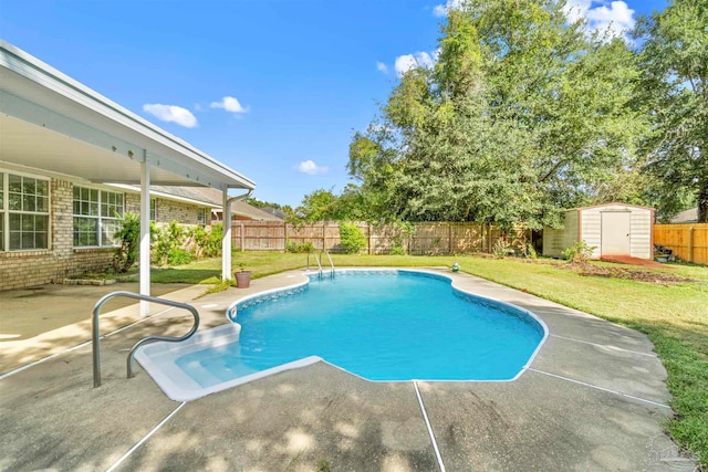 view of pool with a shed, a patio, and a lawn