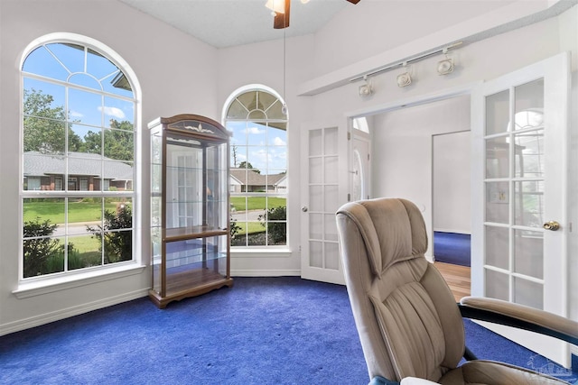 interior space featuring french doors, carpet flooring, and ceiling fan