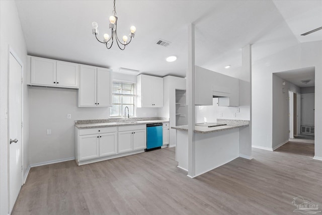 kitchen with white cabinetry, light hardwood / wood-style flooring, dishwasher, kitchen peninsula, and pendant lighting