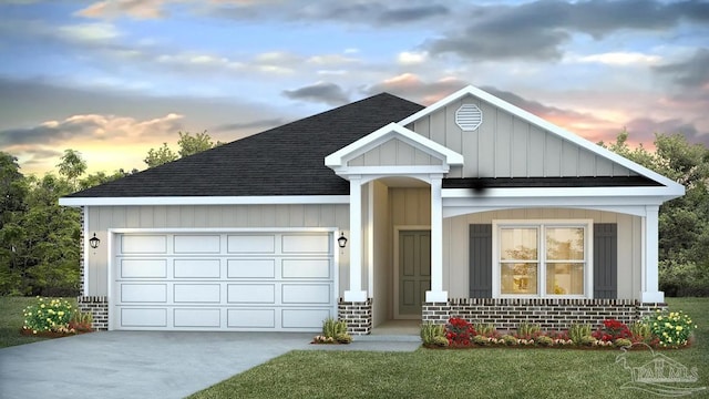 4704 Eider Rd, Pace, FL 32571 - view of front of house featuring a shingled roof, brick siding, a garage, driveway, and board and batten siding