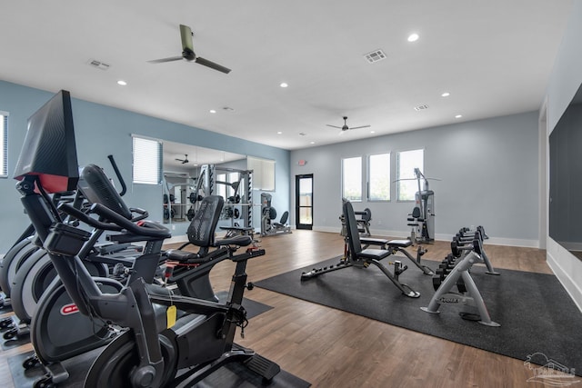4704 Eider Rd, Pace, FL 32571 - workout area featuring a ceiling fan, recessed lighting, wood finished floors, and baseboards