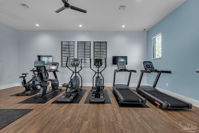 4704 Eider Rd, Pace, FL 32571 - exercise room featuring ceiling fan, recessed lighting, wood finished floors, and baseboards
