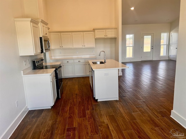 4420 Russell Elliott Rd, Jay, FL 32565 - kitchen featuring appliances with stainless steel finishes, a sink, baseboards, dark wood finished floors, and a towering ceiling