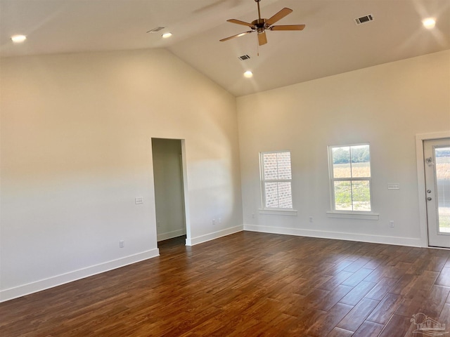 4420 Russell Elliott Rd, Jay, FL 32565 - unfurnished room featuring high vaulted ceiling, a ceiling fan, dark wood-type flooring, baseboards, and recessed lighting