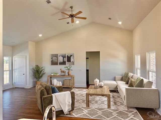 4420 Russell Elliott Rd, Jay, FL 32565 - living room featuring high vaulted ceiling, plenty of natural light, dark wood-style flooring, ceiling fan, and baseboards
