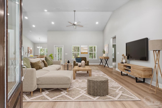 4420 Russell Elliott Rd, Jay, FL 32565 - living area featuring high vaulted ceiling, ceiling fan, wood finished floors, baseboards, and recessed lighting