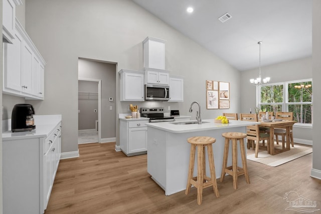 4420 Russell Elliott Rd, Jay, FL 32565 - kitchen with appliances with stainless steel finishes, a sink, high vaulted ceiling, a chandelier, and white cabinetry