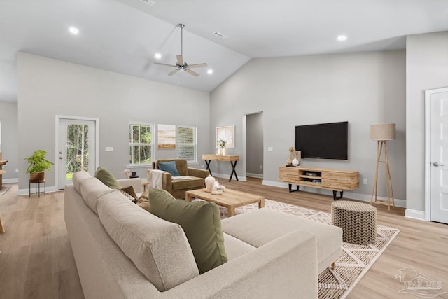 4420 Russell Elliott Rd, Jay, FL 32565 - living area featuring a ceiling fan, high vaulted ceiling, light wood-style floors, recessed lighting, and baseboards