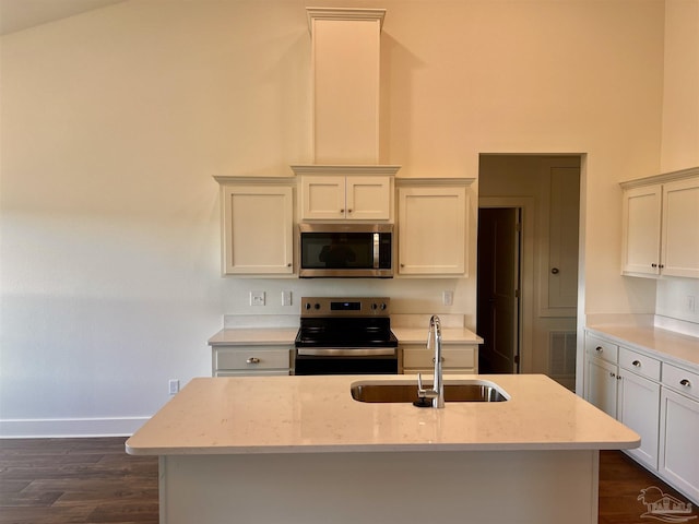 4420 Russell Elliott Rd, Jay, FL 32565 - kitchen featuring appliances with stainless steel finishes, a sink, dark wood-style floors, baseboards, and a high ceiling