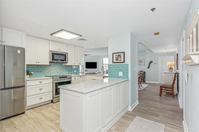 kitchen with white cabinetry, stainless steel appliances, decorative backsplash, sink, and kitchen peninsula