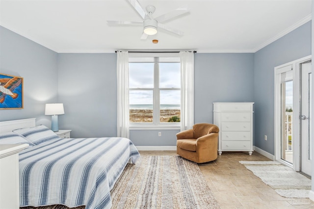 bedroom with ceiling fan, ornamental molding, and access to outside