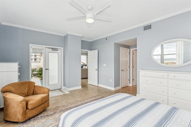 bedroom featuring ceiling fan and ornamental molding