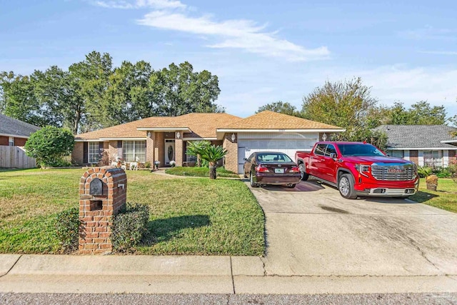 ranch-style home featuring a front lawn and a garage