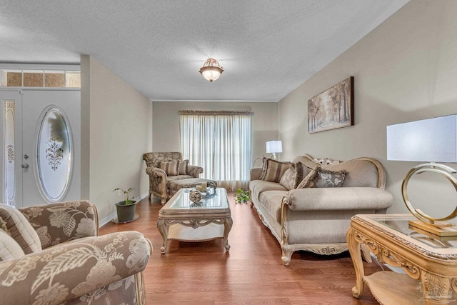 living room with a textured ceiling and hardwood / wood-style flooring