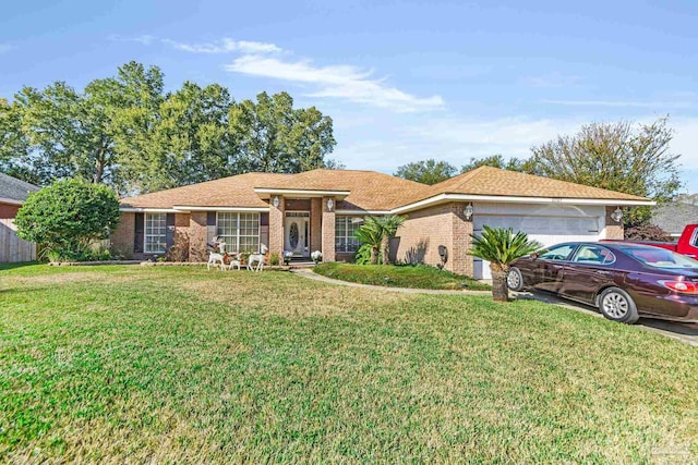 ranch-style home featuring a front lawn and a garage