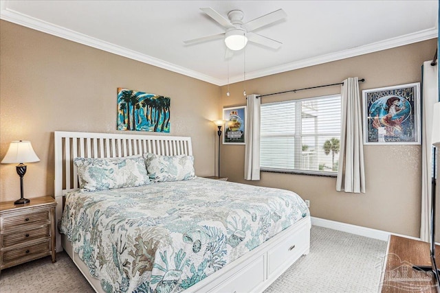 1150 Ft Pickens Rd Unit C7, Pensacola Beach, FL 32561 - bedroom featuring ornamental molding, baseboards, ceiling fan, and carpet floors