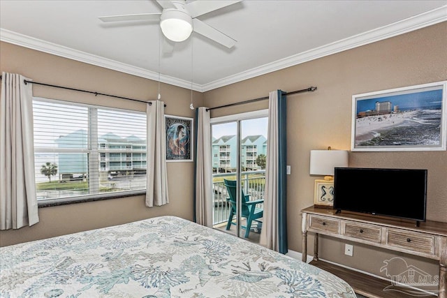 1150 Ft Pickens Rd Unit C7, Pensacola Beach, FL 32561 - bedroom featuring access to exterior, crown molding, multiple windows, ceiling fan, and baseboards
