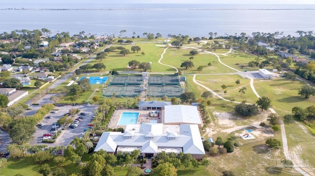 bird's eye view with a water view