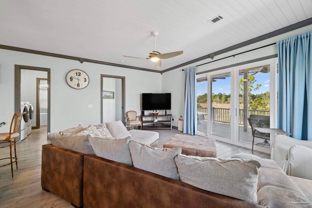7730 Sunfish Ln, Milton, FL 32583 - living area featuring wooden ceiling, ornamental molding, visible vents, a ceiling fan, and wood finished floors