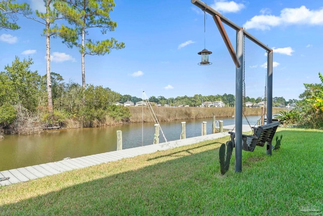 7730 Sunfish Ln, Milton, FL 32583 - dock area featuring a water view and a lawn