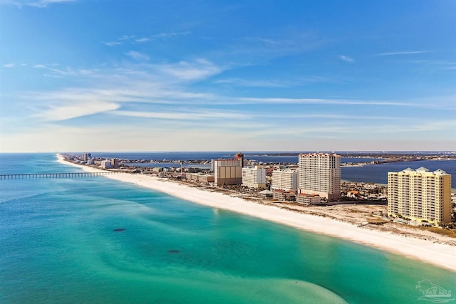 bird's eye view featuring a beach view and a water view