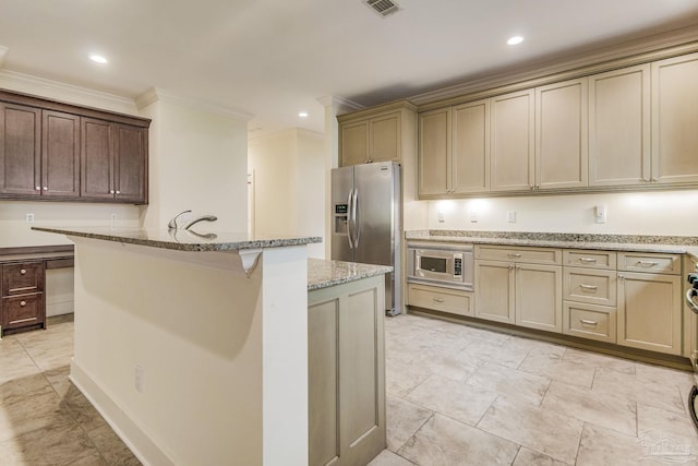 kitchen featuring a kitchen bar, a center island with sink, crown molding, light stone counters, and stainless steel appliances