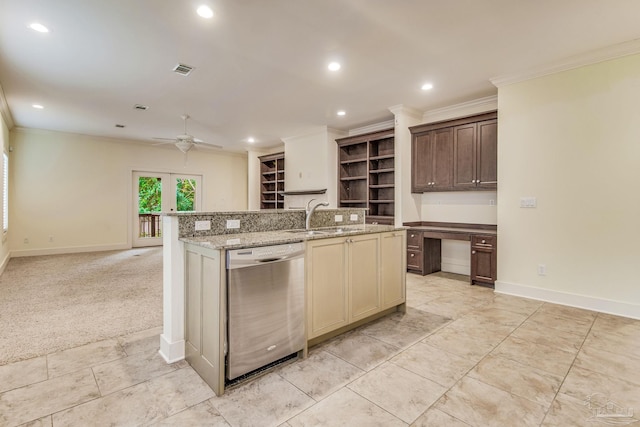 kitchen featuring light colored carpet, ceiling fan, crown molding, sink, and dishwasher