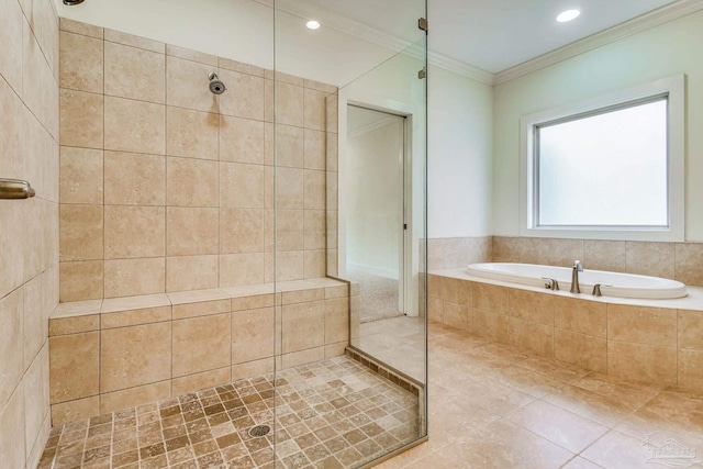 bathroom featuring tile patterned floors, ornamental molding, and shower with separate bathtub