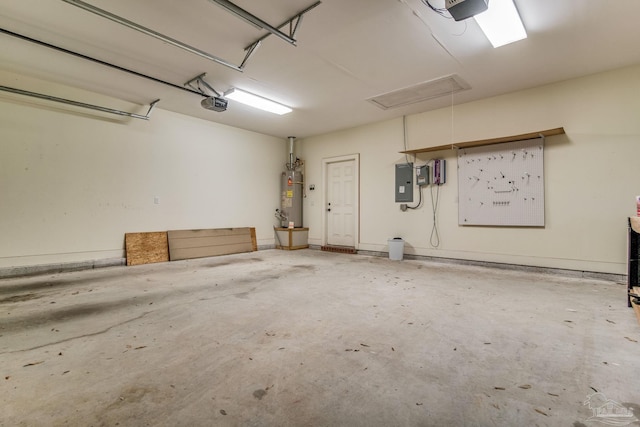 garage with electric panel, a garage door opener, and gas water heater